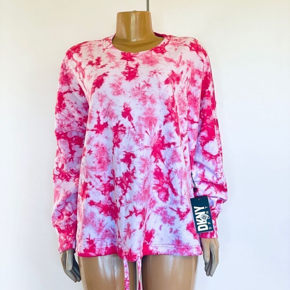 NWT Gorgeous DKNY Sport 2X Plus Pink Tie dye Drawstring Hem Pollover Sweatshirt